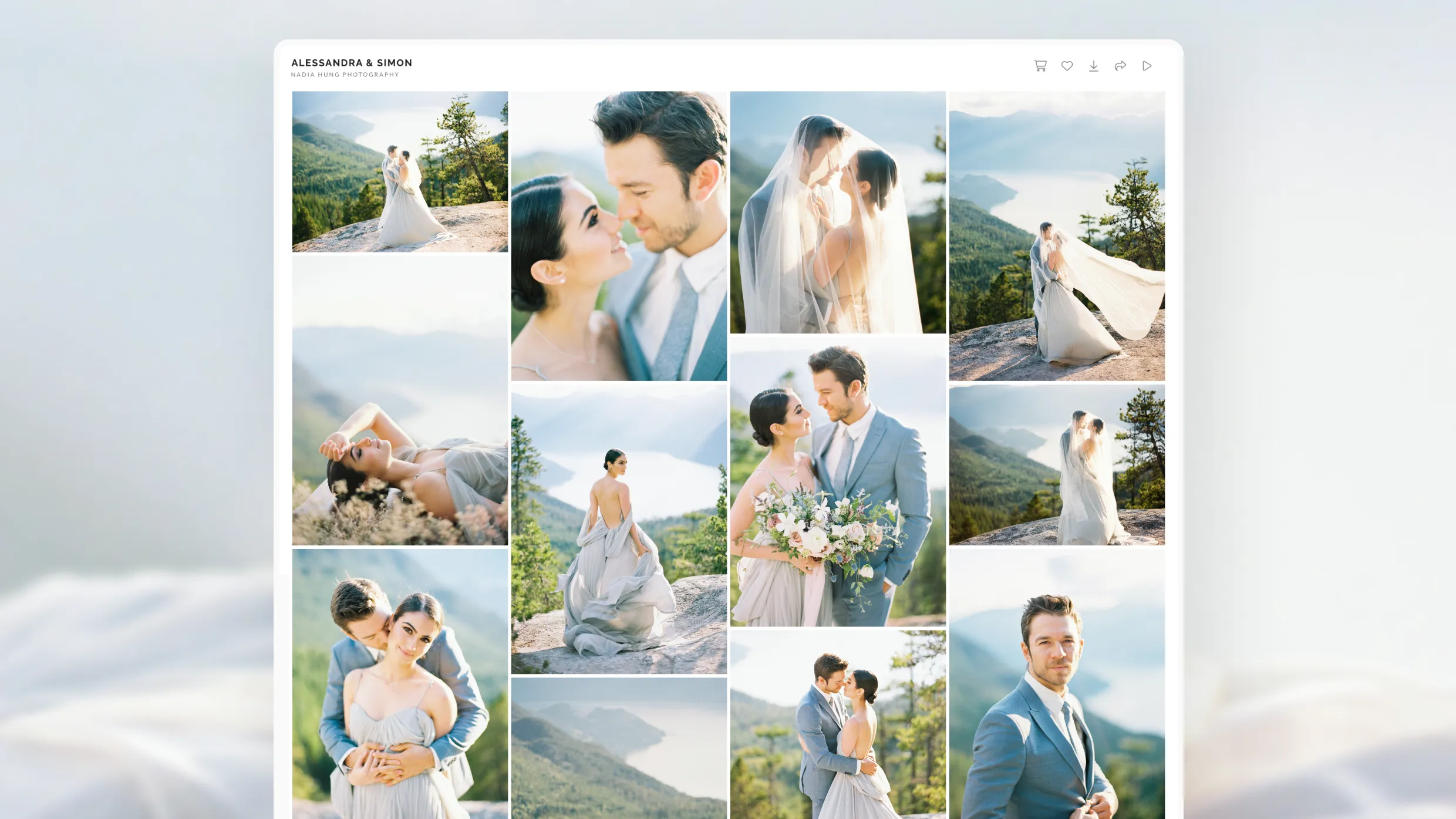 foto.umbii.boo Client Gallery showing a romantic mountain wedding photo collection for Alessandra and Simon, delivering stunning high-res images for clients to view, share, and purchase online